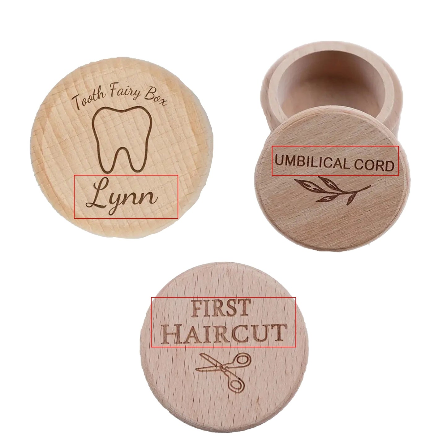 Personalized Wooden Keepsake Boxes Set for First Haircut, Tooth Fairy, and Umbilical Cord - Custom Engraved Memory Preservation Kit for Ages 14 and Up - Perfect Gift for Birthdays, Holidays, and Special Occasions.