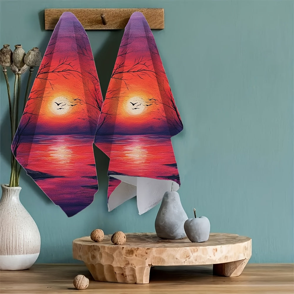 Set of 2 Ultra Soft Kitchen Towels featuring Vibrant Winter Sunset & Moonlit River Scenes. These highly absorbent polyester dish hand towels are machine washable and measure 40.64x60.96 cm. Perfect for Holiday Decor and everyday use in the kitchen.