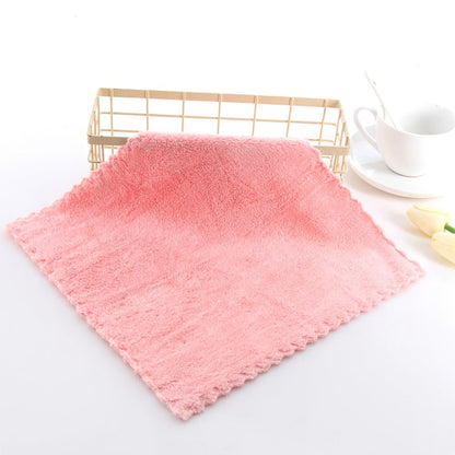 Set of 4 Coral Fleece Square Towels with Lace Trim, Luxuriously Soft and Absorbent Kitchen Cleaning Cloths, Lightweight Knit Hand Towels for Various Living Spaces, Modern Terrycloth Napkins for Everyday Use