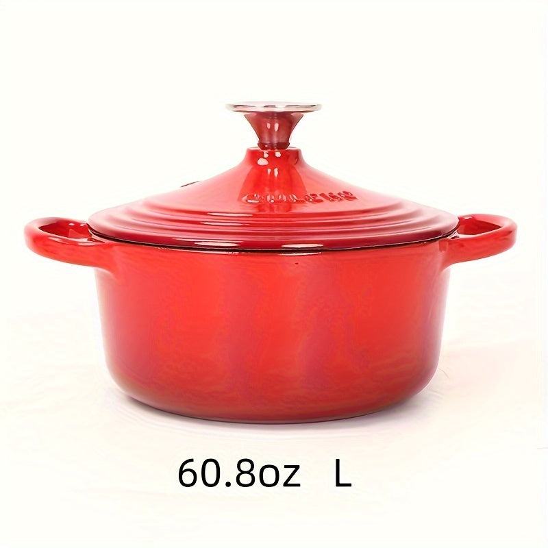 Enameled cast iron health pot, versatile for cooking rice and other dishes on induction, ceramic, electric, halogen, and gas cooktops. Comes in two sizes: 30.4oz and 60.8oz. Boasts enamel non-stick coating for easy cleaning.