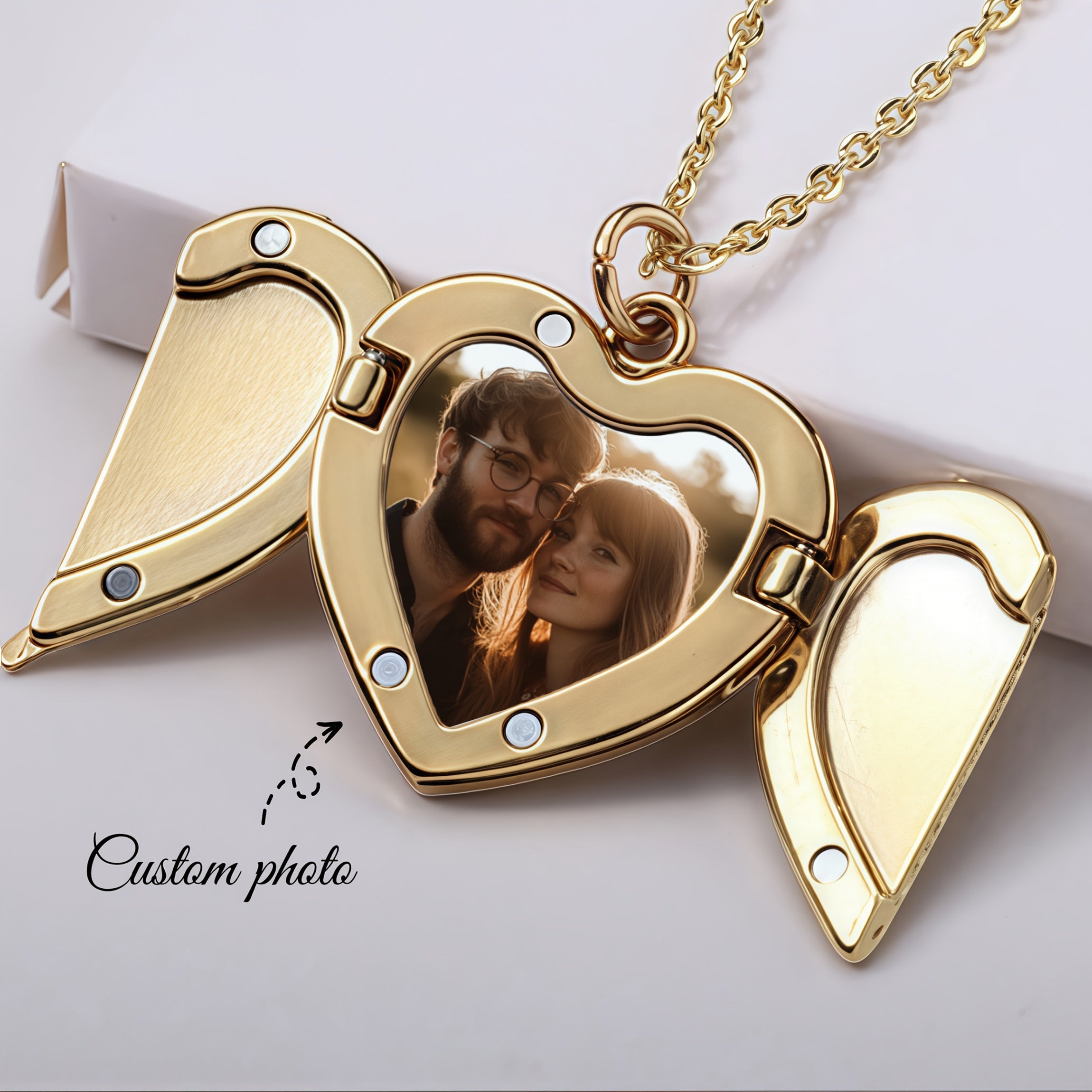 Angel Wings Heart Pendant Necklace with Custom Photo Print - Elegant and Cute Alloy Jewelry Featuring February Birthstone. Perfect Valentine's Day Gift for Couples, an Ideal Daily and Festival Accessory that is Suitable for All Seasons.