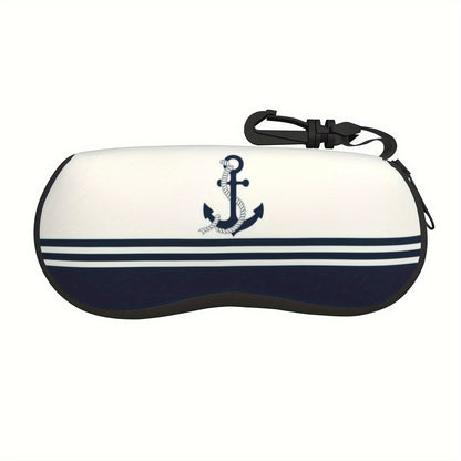 Stylish Navy Blue Anchor Pattern Glasses Case for Men and Women - Lightweight Neoprene Zipper Eyewear Holder for Fashionable Reading Glasses, Perfect for On-the-Go Storage.