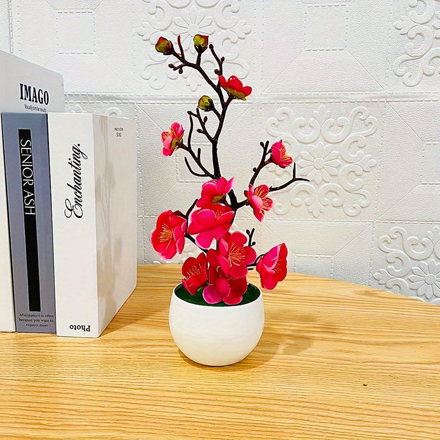 Artificial plum blossom bonsai for home or office decor, lifelike potted fake flower plant.