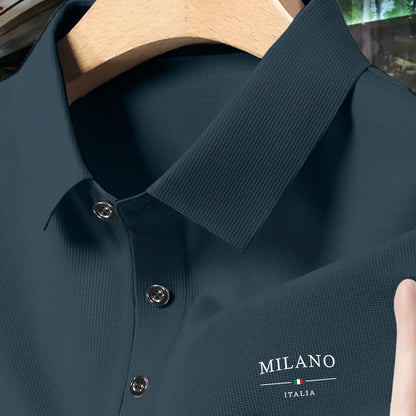 Men's Milan Italy Graphic Shirt, Dark Gray Waffle Knit Short Sleeve with Button-Collar for Summer Business Casual Style.