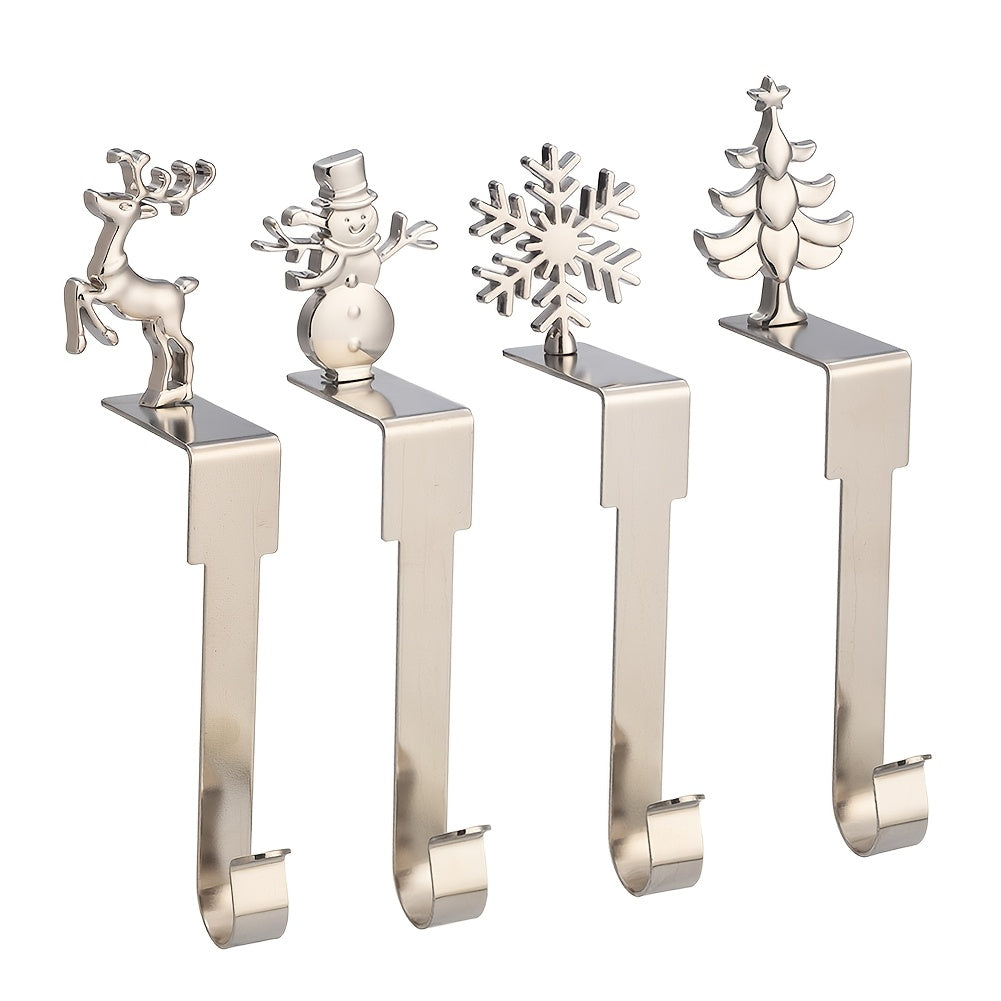 Set of 2 Christmas Mantel Stocking Holders - Stainless Steel with Silvery Finish, Decorated with Santa Claus, Snowman, Elk, and Snowflake Designs, Complete with Hooks