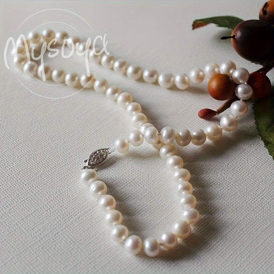 Handmade Freshwater Pearl Necklace with Openwork Clasp - 7-8mm, Elegant and Luxurious, June Birthstone, Versatile for Daily Wear or Wedding, MYSOYA Brand, Comes in Beautiful Gift Box - Perfect Christmas Gift for Him or Her.