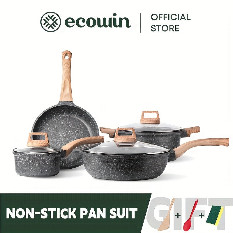 Cook like a pro with the Ecowin 4-piece non-stick cookware set featuring Maifan stone coating. This set includes a frying pan, wok, milk pot, and soup pot, all with matching lids. Compatible with all stovetop types for versatile cooking options.