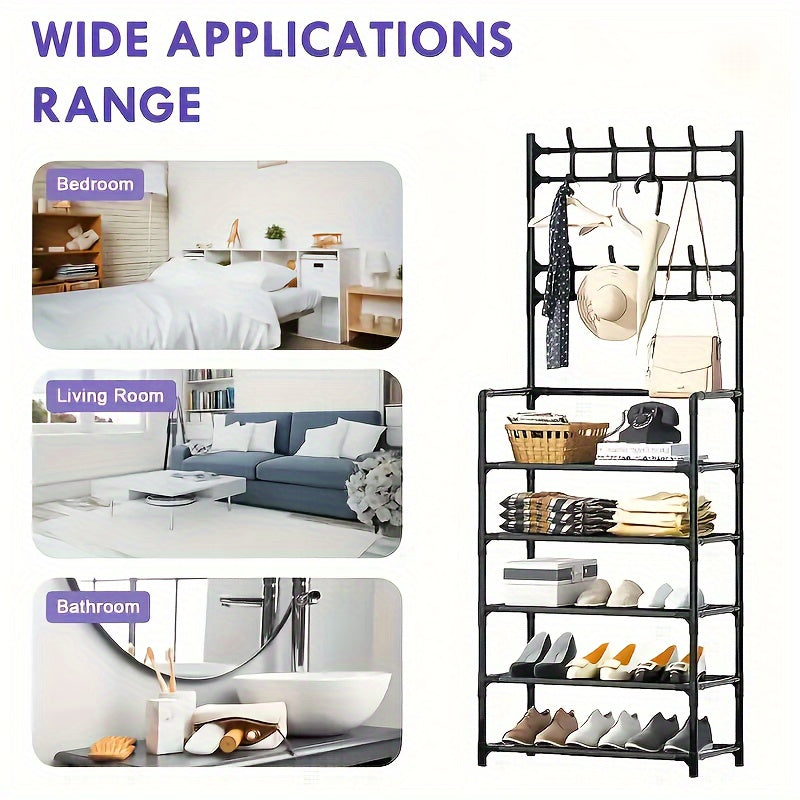 Multi-functional Entryway Organizer - Metal Rack with Hooks for Jackets and Shoes, perfect for storing Clothes, Hats, Bags, and Umbrellas. Great for organizing in your Home, School, or Classroom.