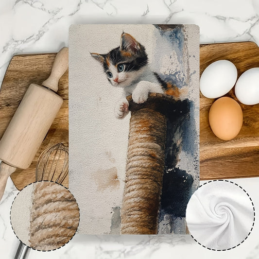 Get 2 Ultra Soft Kitchen Towels featuring a Playful Kitten & Cat Tree Design. These highly absorbent, machine washable dish hand towels measure 40.64x60.96 cm. They are perfect for holiday decor and make great dish towels.