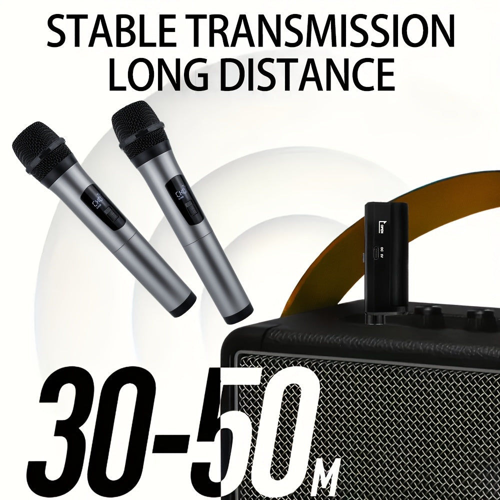 Heikuding Wireless Karaoke Microphone with USB rechargeable lithium battery, 6.35mm jack, one-way polar pattern, small diaphragm, clip and stand features for versatile use.