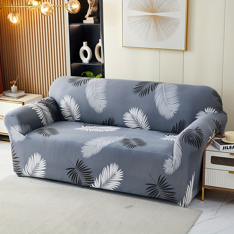 Modern printed sofa slipcover with elastic closure, made of 95% polyester and 5% spandex. Machine washable with active printing and stitched craftsmanship. Fits armchairs to sectional sofas, weighing 100-120gsm fabric.