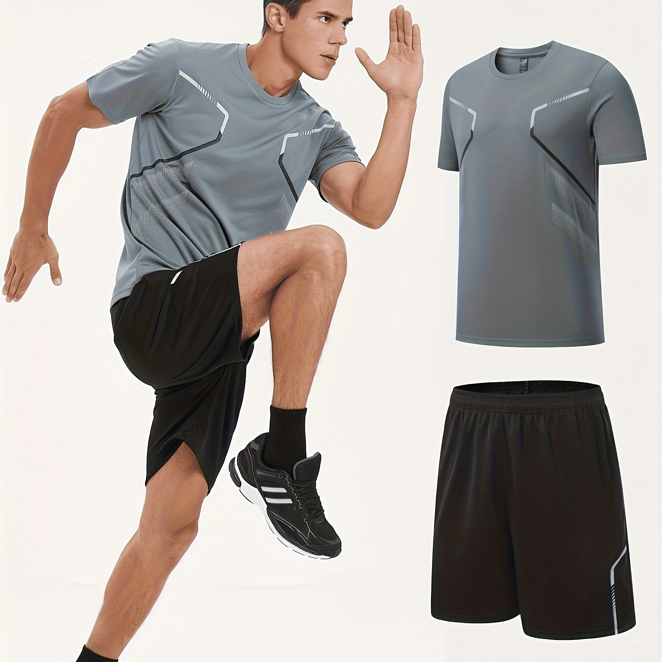 Men's summer running sportswear set includes quick-dry crew neck t-shirt and shorts for hiking, training, and weekend activities.