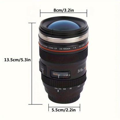 Stainless steel camera lens coffee mug with retractable lid, realistic SLR design. BPA-free ABS plastic. Ideal gift for photographers. Multipurpose travel cup. Hand wash only. Novelty drinkware.