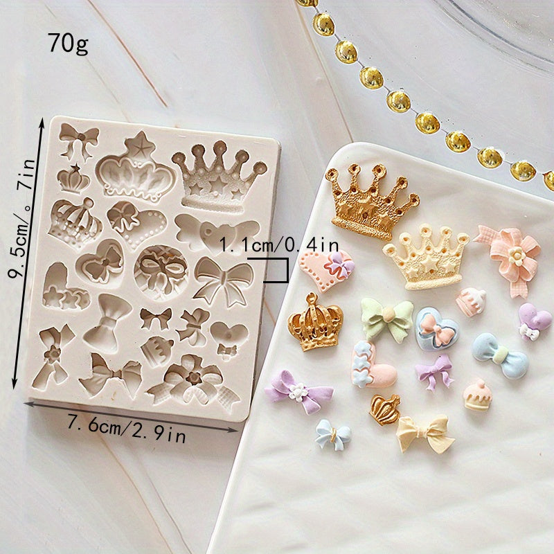 A single piece of the Crown Chocolate Mold, featuring a charming Kawaii design of crowns and bowties. This Silicone Mold can be used for making candies, fondants, and biscuits. Ideal for DIY cake decorating, this versatile baking tool is a must-have in