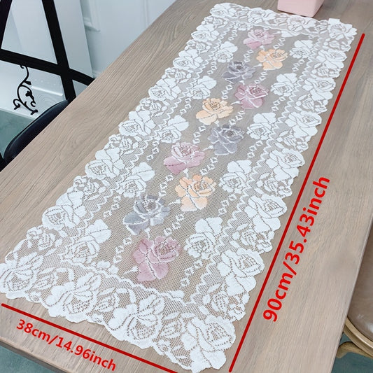 Polyester lace table runner with vintage rose design for decorating dining tables, sideboards, and tea tables.