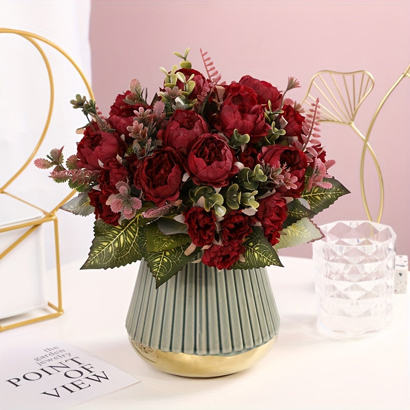 Artificial rose peony bouquets with multiple heads, stems, and various uses for home, garden, or events.