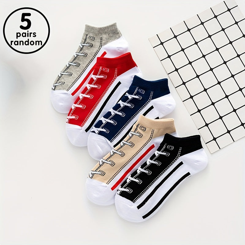 5 pairs of men's funny shoelace print ankle socks, sweat absorption and breathable, for year-round wear