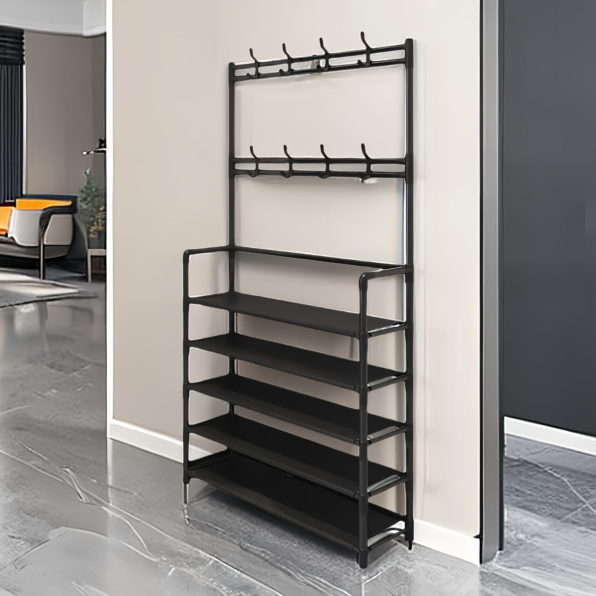 Metal entryway storage rack with shoe shelves, tier organizer, removable hooks, coat and hat stand for front door entry, for clothing, shoes, hats, bags, and umbrellas - in white and black.