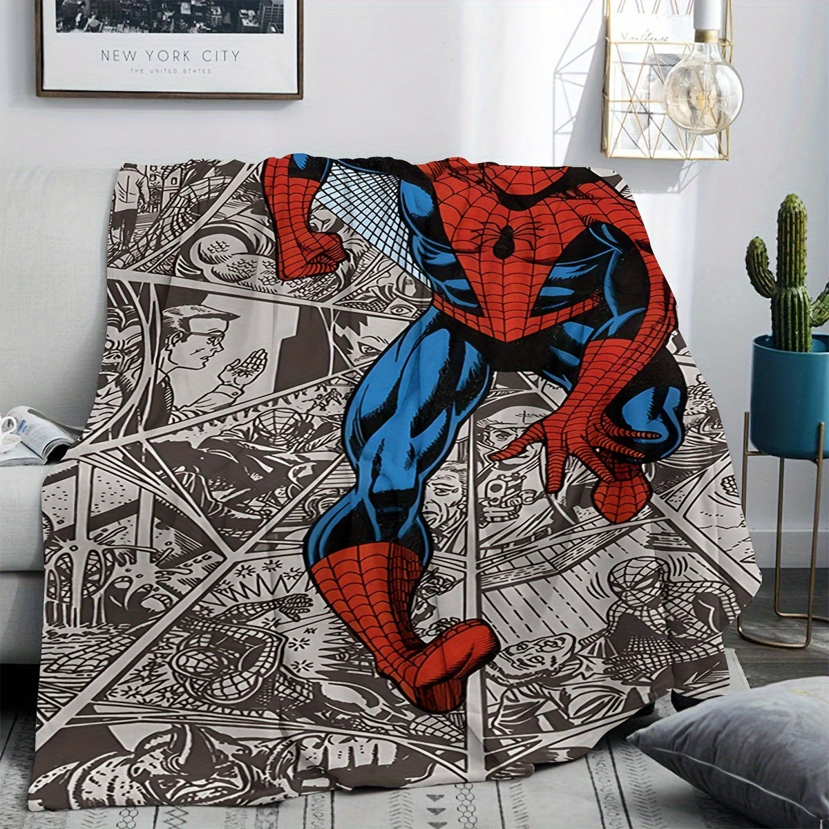 This multi-functional blanket features a vibrant 2024 New Dynamic Spider-Man City Chase comic book page pattern, digitally printed on plush cover material. Perfect for use during nap time, office lunch breaks, on the sofa, in the car, or while traveling.