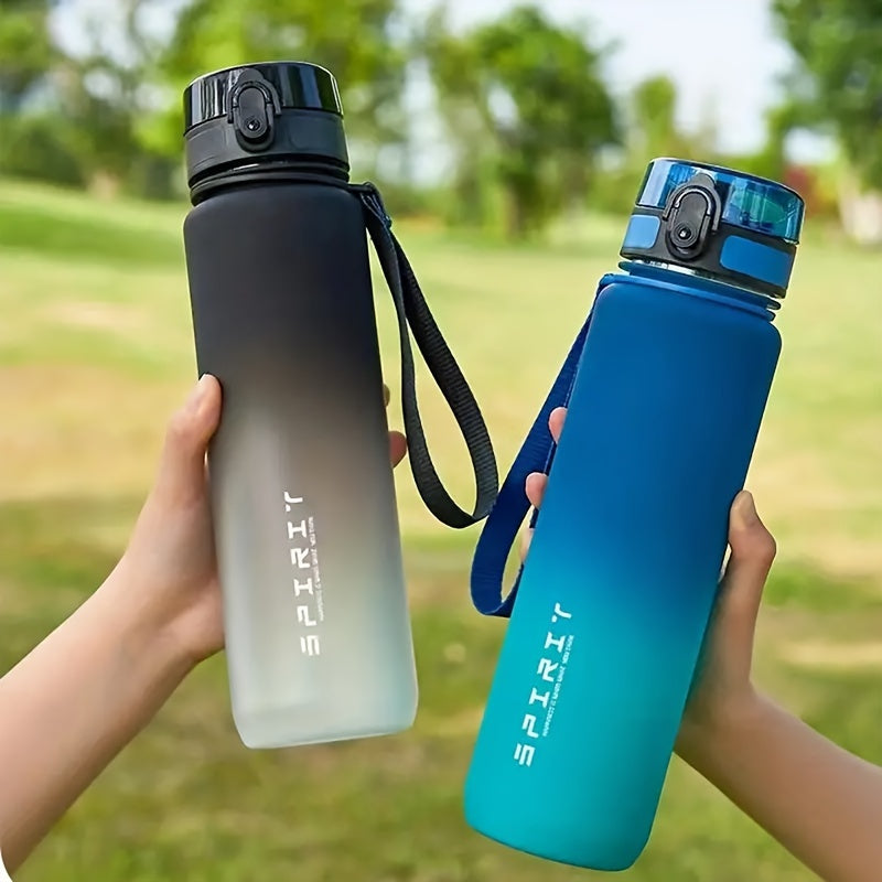 Leakproof water bottle with time marker and carrying strap.