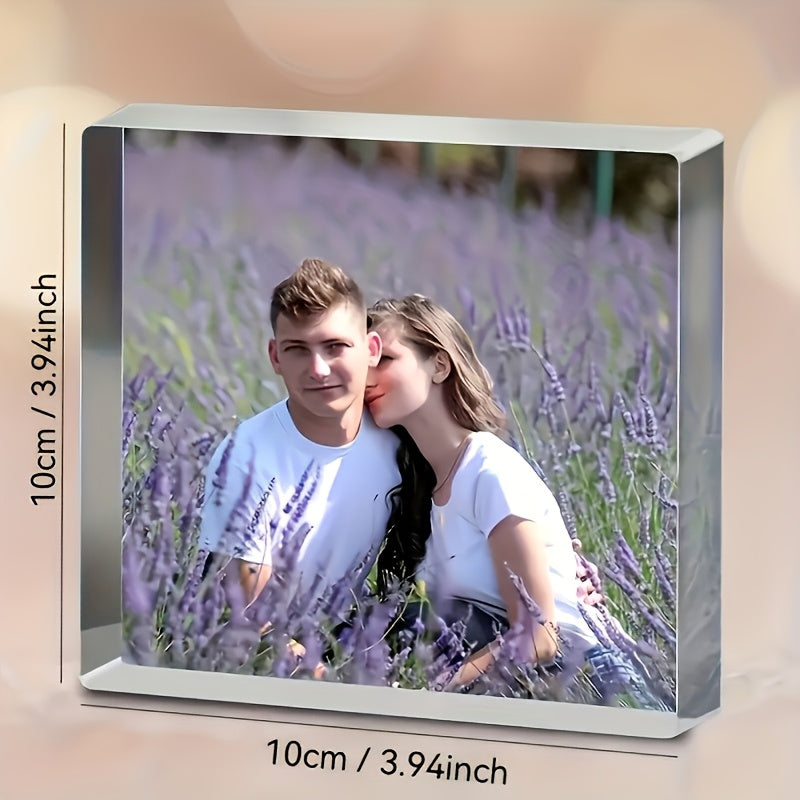 Customize your memories with a personalized full-frame square acrylic photo frame. This transparent display will keep your picture memories alive as unique souvenirs.