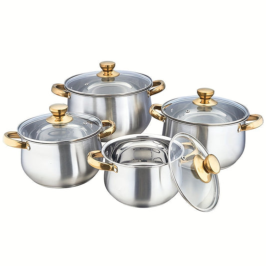 Set of soup pots with curved bottom and golden handles