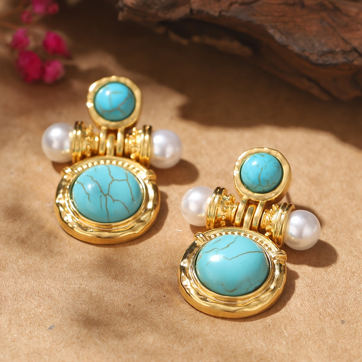 Elegant Bohemian Turquoise Pearl Earrings: Featuring 18K Gold Plating on an Alloy Base with Silver Earwires, Perfect for Everyday Wear and Special Occasions