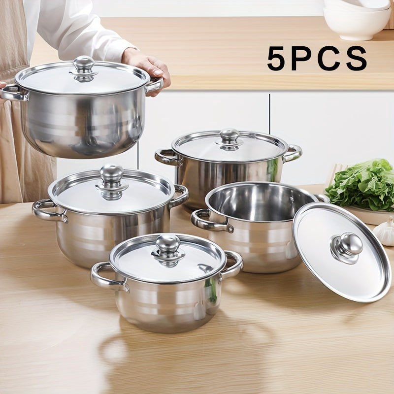 5 piece cookware set made of 410 stainless steel with a stainless steel cover, suitable for use on induction cookers.