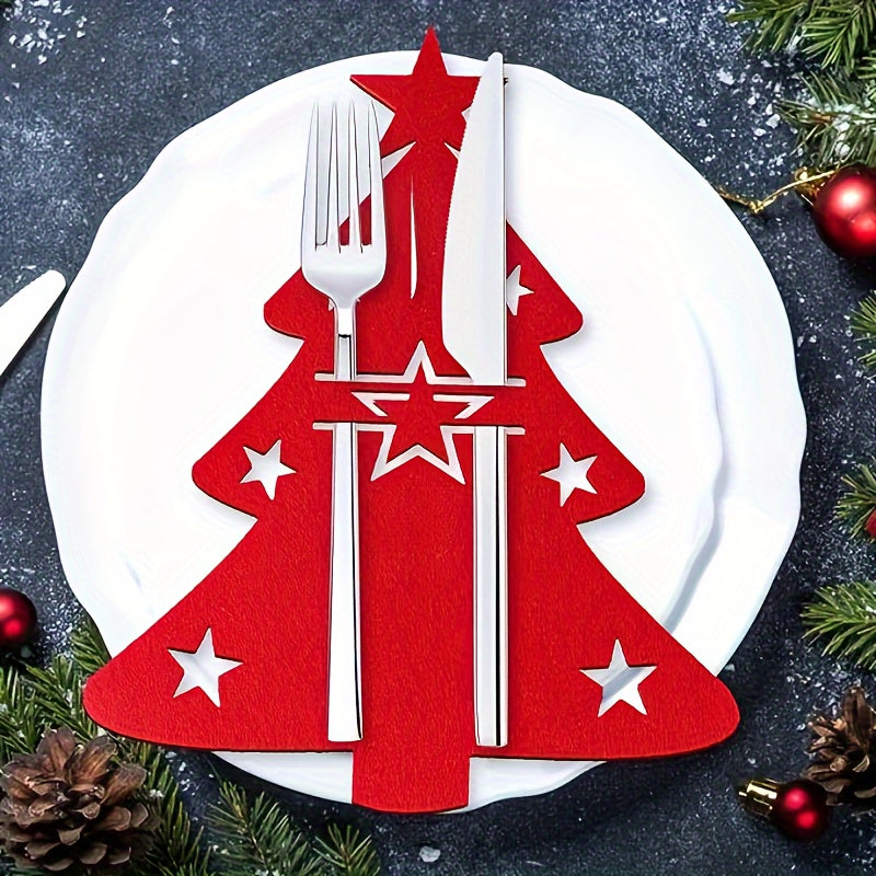 Festive cutlery holders with star-adorned red Christmas tree design for holiday dining.