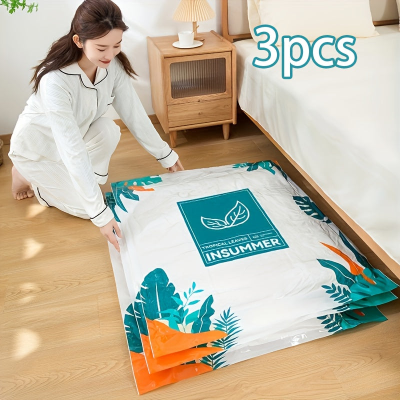 3-Pack of Heart Leaf Vacuum Storage Bags featuring a tropical leaf design. These plastic space saver bags are ideal for storing comforters, blankets, bedding, and clothing without the need for power. Also suitable for organizing accessories.