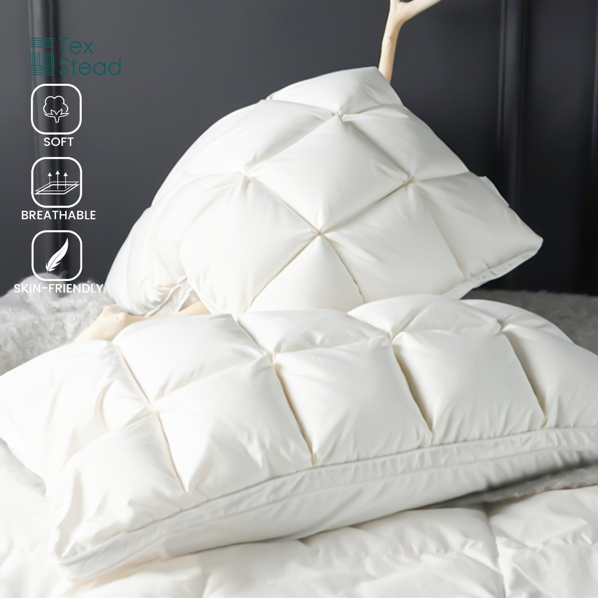 Luxury goose down feather pillow with pinch pleat design for neck protection in bedroom or hotel.