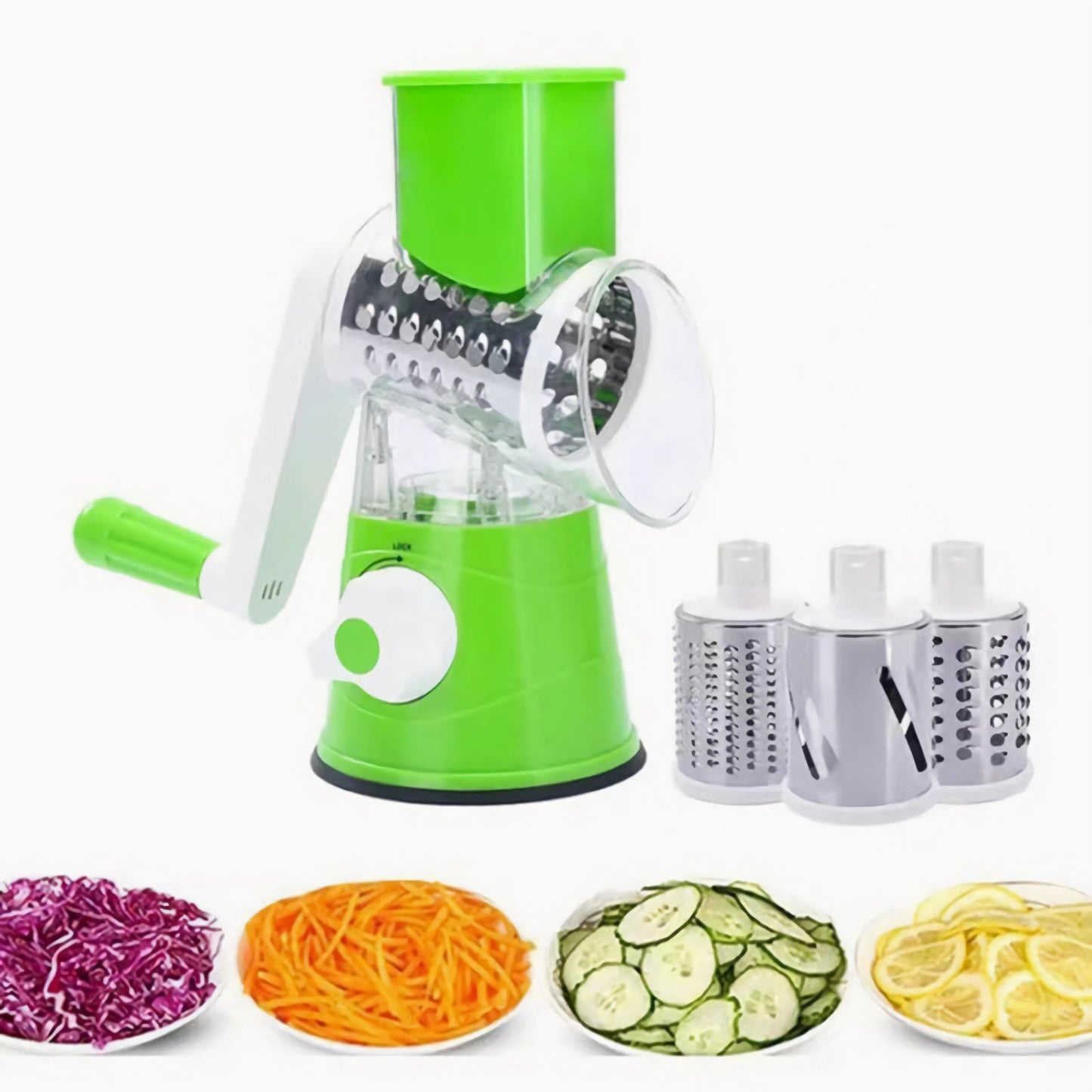 One piece of a durable plastic 3-blade fruit and veggie slicer and shredder, suitable for food-grade use in home kitchens, restaurants, and baking. This versatile tool is easy to assemble and perfect for all types of food preparation.