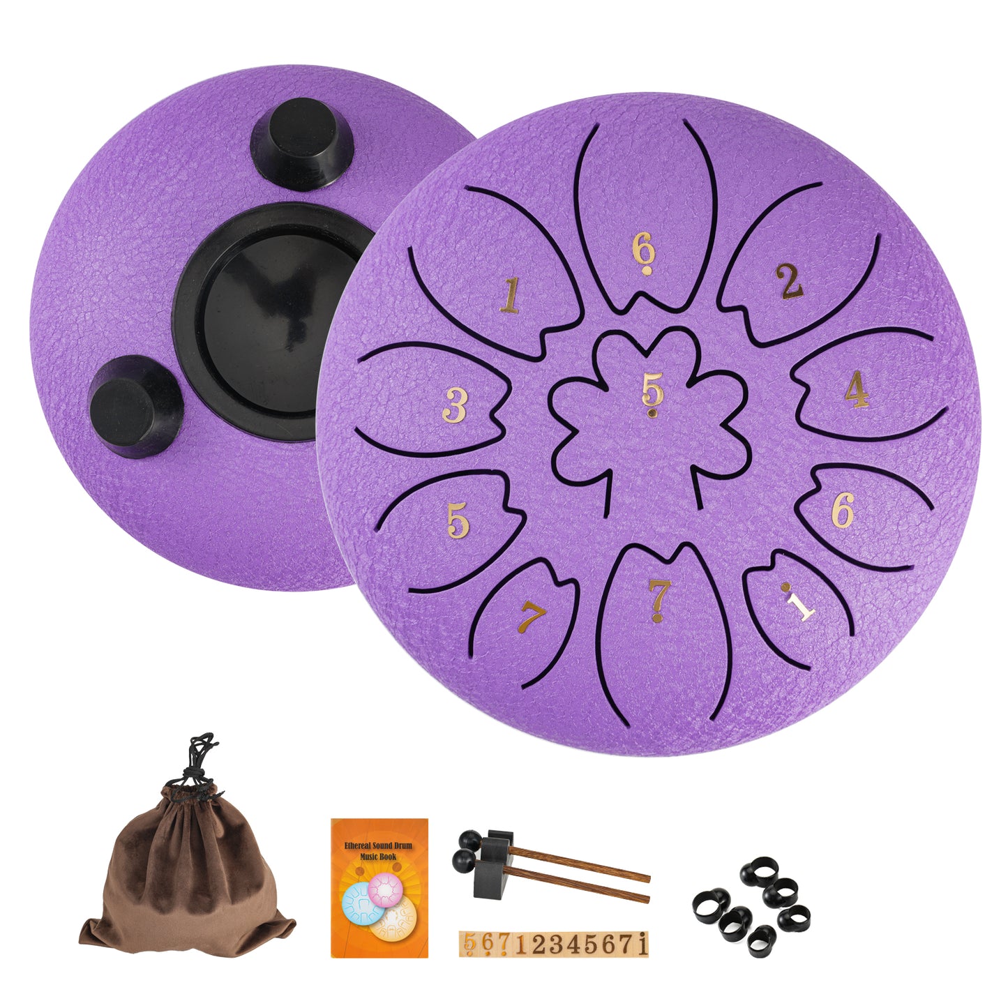 6 inch 11-note steel tongue drum in C major with bag, mallets, and music book. Suitable for music education, concerts, spiritual healing, yoga meditation, and entertainment.