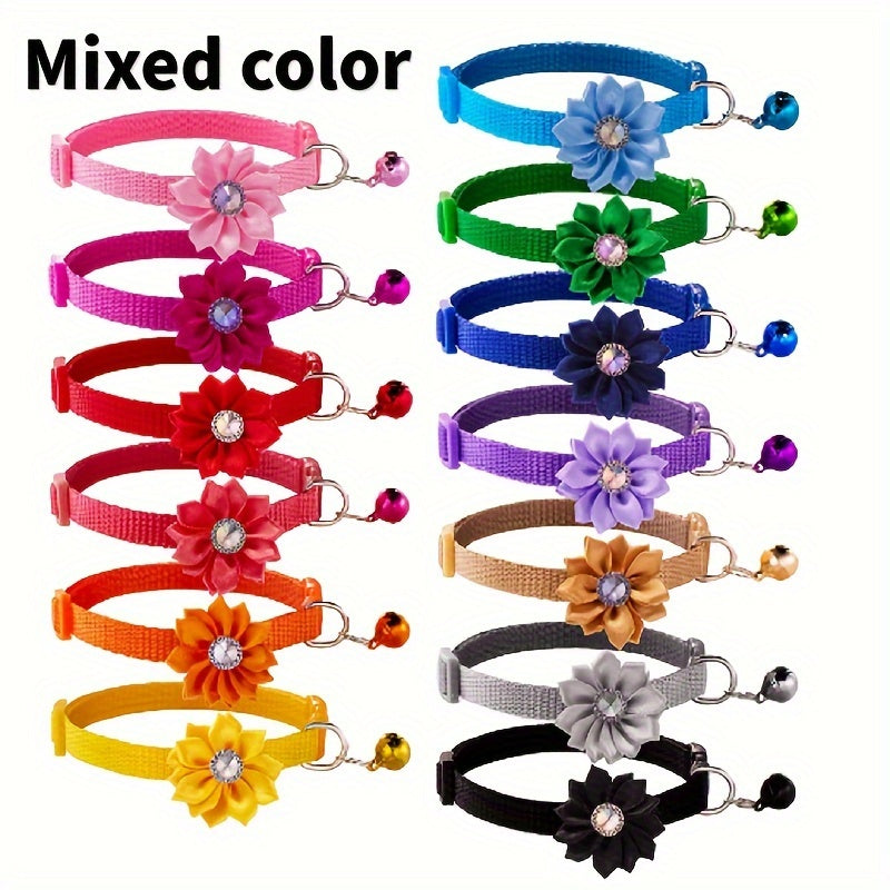 12 Sunflower Pet Collars with Bells - Adjustable Polyester Neckwear for Dogs and Cats