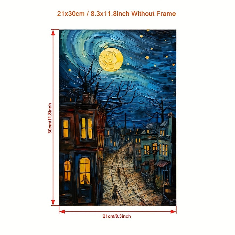 Vincent van Gogh "Starry Night" canvas art print - vibrant oil painting reproduction, unframed wall decor for multiple rooms, vertical orientation.