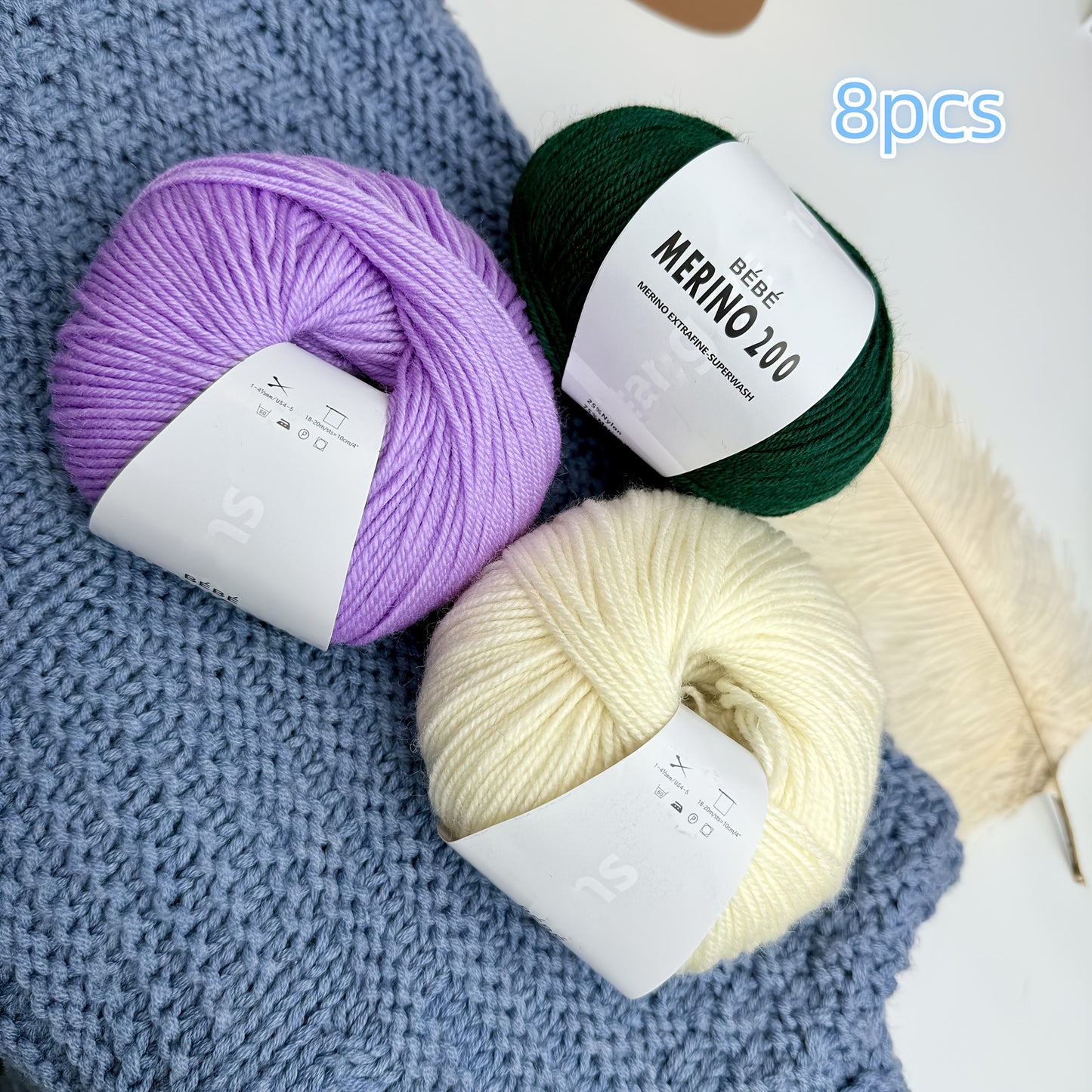 8 balls/400g hand-knitted Merino wool yarn, 75% Merino wool, 25% nylon. Skin-friendly, soft, ideal for knitting sweaters, hats, scarves, socks, blankets, shawls, etc.