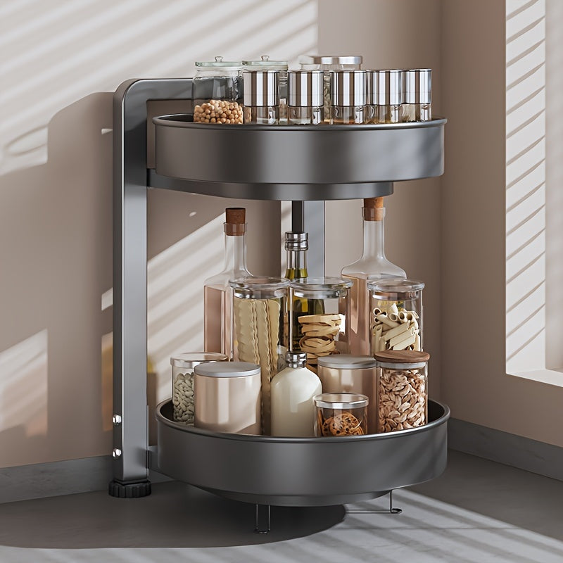 Rotating Kitchen Storage Rack for Seasonings and Condiments - Metal Organizer with Two Tiers and Powder-Coated Finish - Ideal for Jars and Sundries