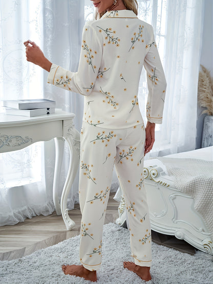 Women's floral print pajama set with long sleeve top, button-up closure, and elastic waistband pants for sleepwear and loungewear.