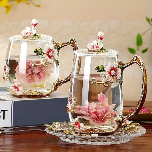 Enamel floral glass tea cup set, ideal for home, office, and parties. 320ml/350ml, reusable and high-quality. Perfect for breakfast, milk, and juice. Great gift idea.