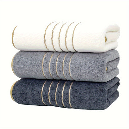 Three MidEnsi Microfiber Bath Towels with Quick-Dry Technology and Super Absorbency. Striped design in White, Blue-Gray, and Black. Ideal for Spa, Yoga, Fitness, and Bathroom. 70 x 140 cm.