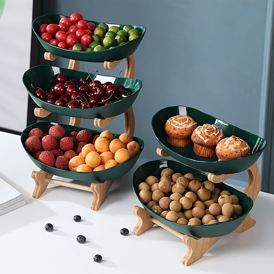 Two-tier/three-tier kitchen fruit basket with European-style design, made of bamboo wood for storing snacks and candies.