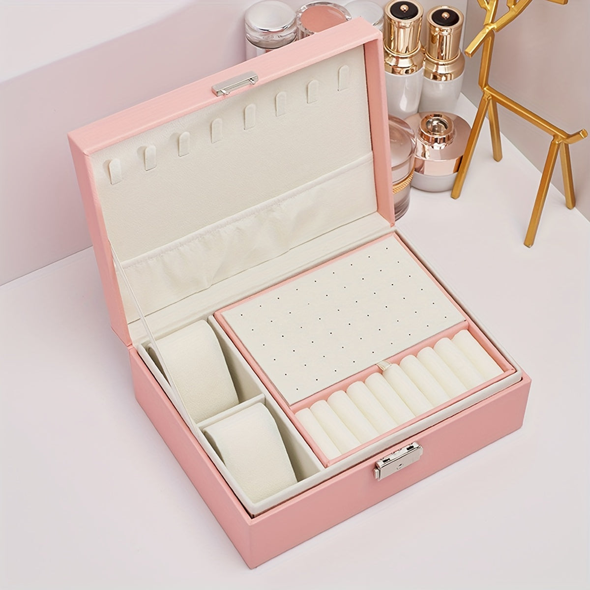 Spacious double-layer jewelry organizer box for women, ideal for storing various accessories. Great Valentine's Day gift idea.