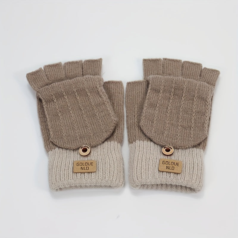 Stay warm and stylish in these women's knitted polyester flip gloves. These casual half-finger gloves come with a cover to keep your fingers cozy. Their solid color design is both classic and versatile, while the elastic material ensures a comfortable