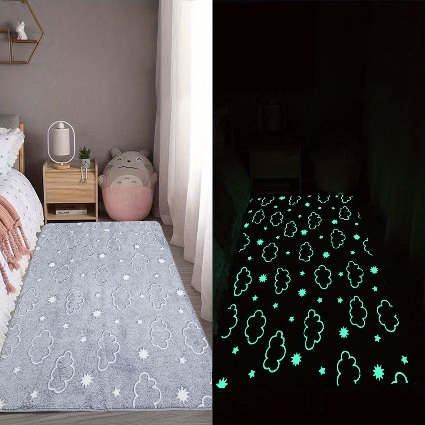 One piece of Luminous Fluffy Plush Area Rug for your room, featuring a thickened Moon Memory Foam floor mat that glows in the dark. This thicken play mat is soft and perfect for use as a bedside rug in your bedroom.