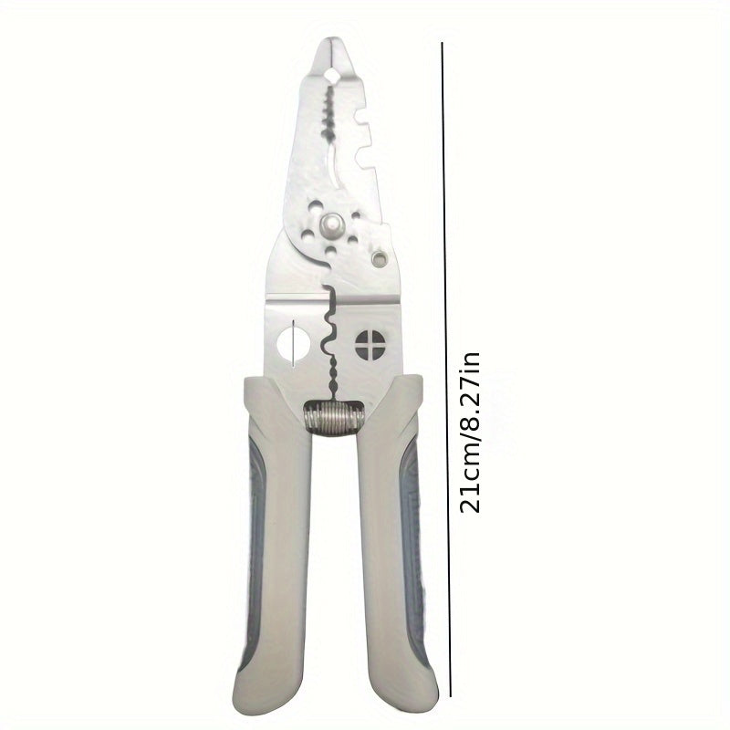 Industrial-grade stainless steel wire cutter/stripper pliers with measurement markings for electrical wiring tasks. Durable construction suitable for electricians and DIY home use.