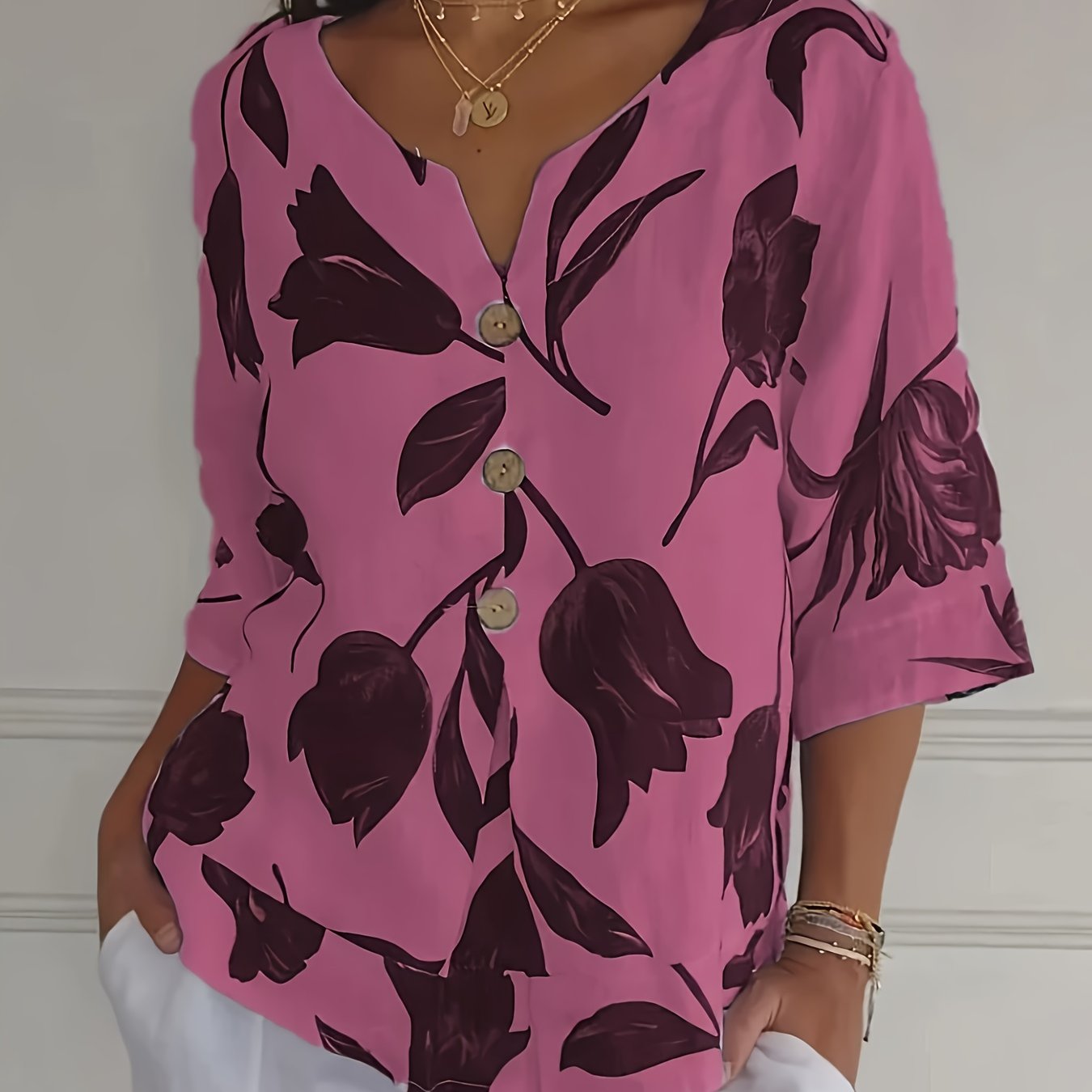 Print Plus Size Floral V-Neck Blouse with Button Detail - Casual Half Sleeve, Non-Stretch Polyester Blend for Women.