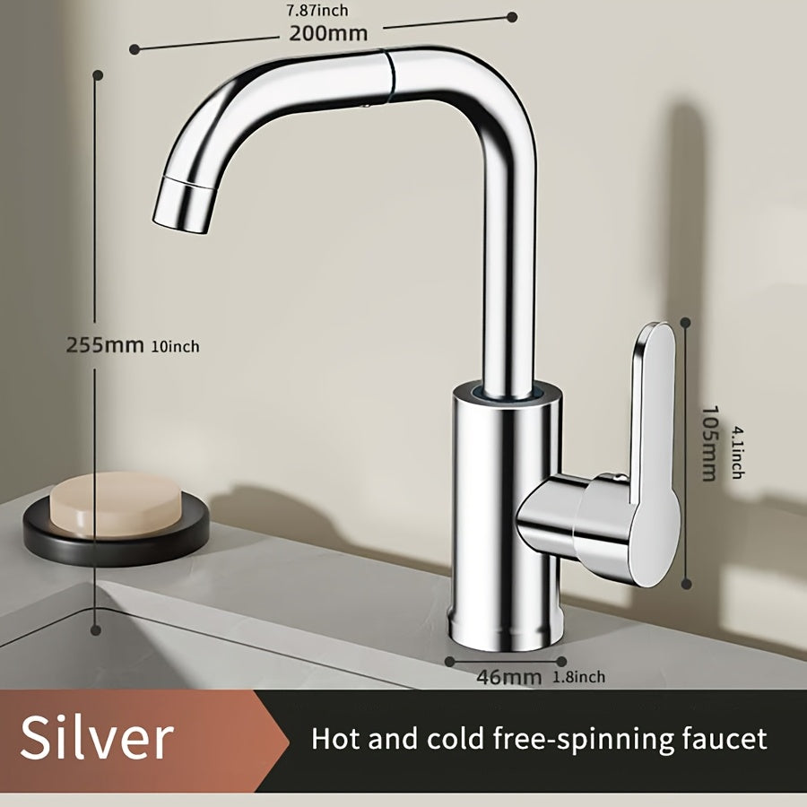 Modern 360° Swivel Kitchen and Bathroom Faucet - Hot & Cold Water Mixer, Stainless Steel, Dual-Use for Sink & Washbasin, Contemporary Design, Brushed Finish, Ceramic Valve, Easy