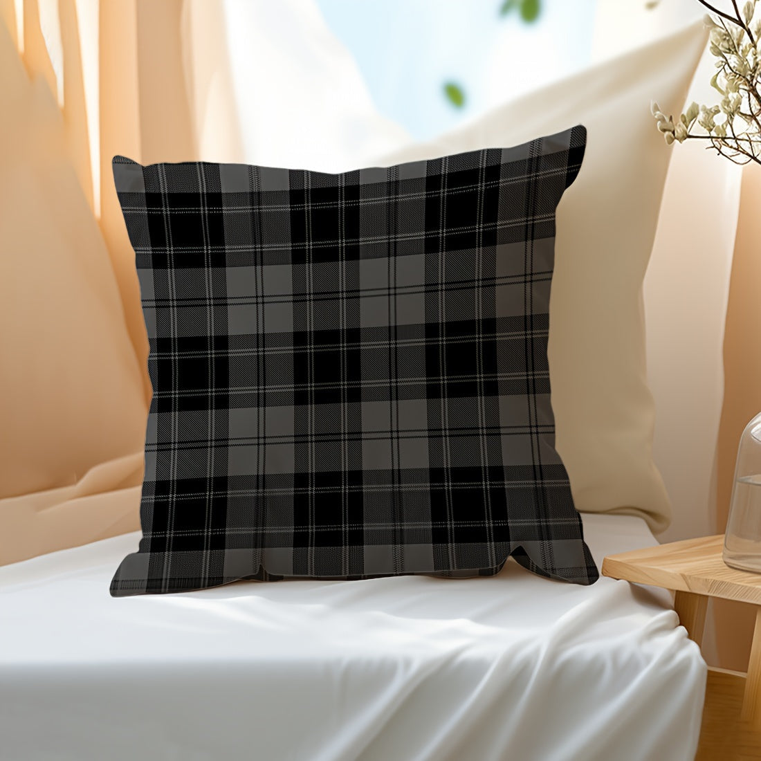 Grey and black plaid throw pillow cover made of peach skin velvet material measuring 45.72x45.72 cm. It features a dual-sided print, zip closure, and is machine washable. Perfect for adding a cute touch to your living room, bedroom, or car decor.