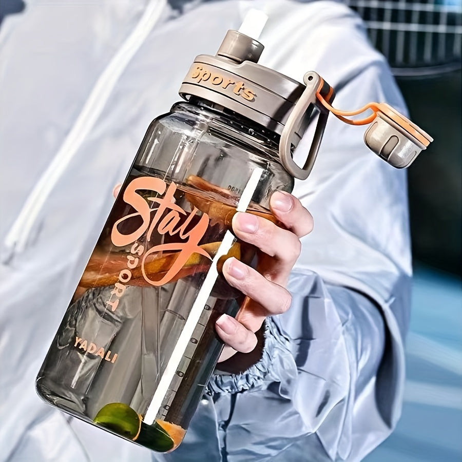 One leak-proof large capacity sports water bottle with straw, clear with "STAY HYDRATED" label, perfect for outdoor activities and fitness. Made of durable, portable, BPA-free plastic.