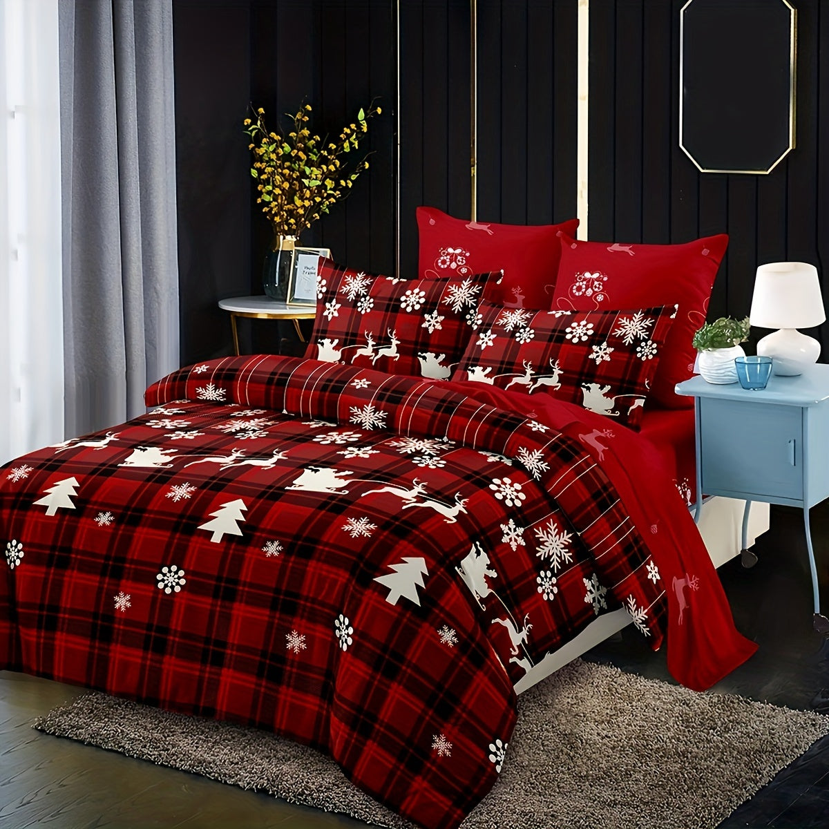 Christmas Duvet Cover Set includes 3 pieces featuring a Checkered Xmas Tree Elk Snowflake Print. This Soft and Comfortable bedding set is perfect for your Bedroom or Guest Room. Set includes 1 Duvet Cover and 2 Pillowcases. Note: Core not included.